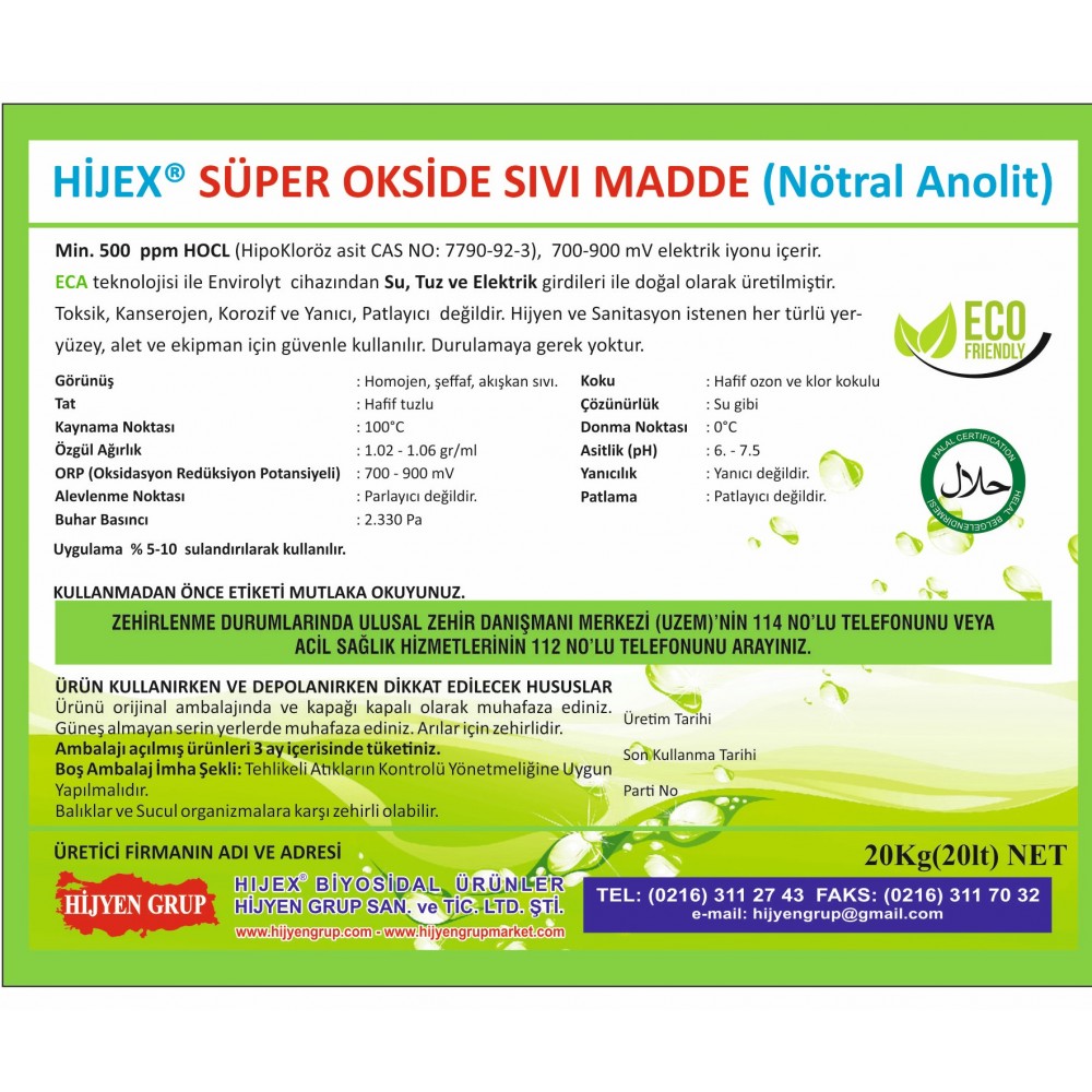 HİJEX SÜPER OKSİDE SU HİJYENİK SEBZE MEYVE YIKAMA MAD 20 KG 